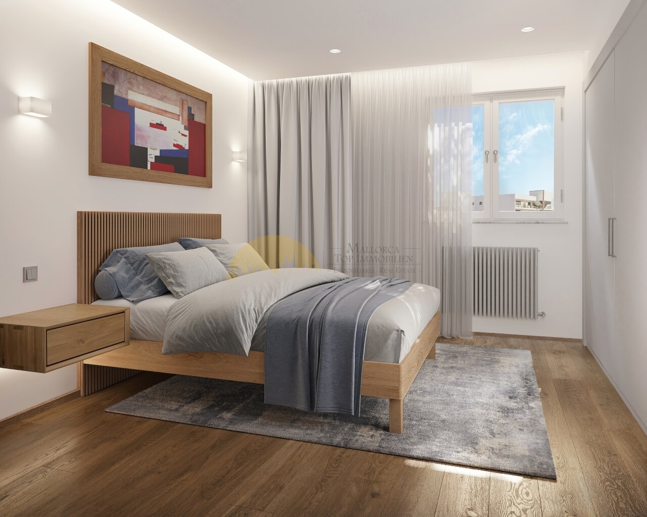 Helles Schlafzimmer mit bodentiefen Fenstern, Balkonzugang und moderner Wärmekörperintegration Helles Schlafzimmer mit bodentiefen Fenstern, Balkonzugang und moderner Wärmekörperintegration