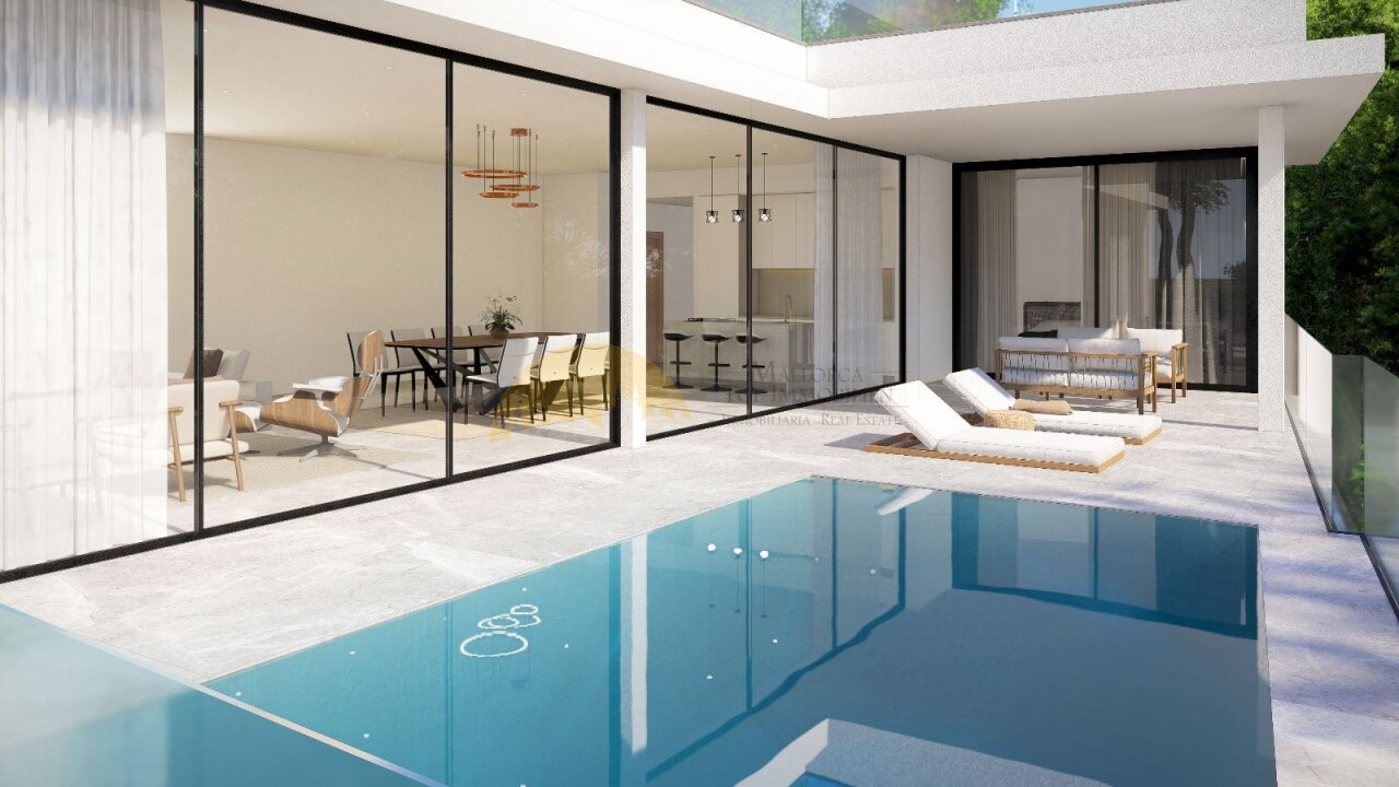 Luxuriöses Poolbad mit nahtloser Innen-Außen-Verbindung durch großflächige Schiebeverglasungen Luxuriöses Poolbad mit nahtloser Innen-Außen-Verbindung durch großflächige Schiebeverglasungen