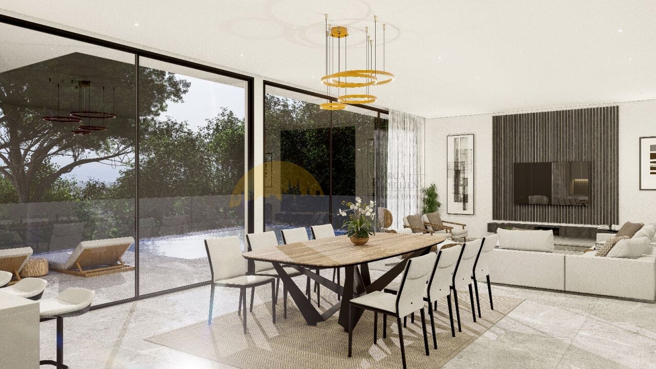 Elegantes Wohn- und Esszimmer mit raumhohen Verglasungen und direktem Terrassenzugang Elegantes Wohn- und Esszimmer mit raumhohen Verglasungen und direktem Terrassenzugang