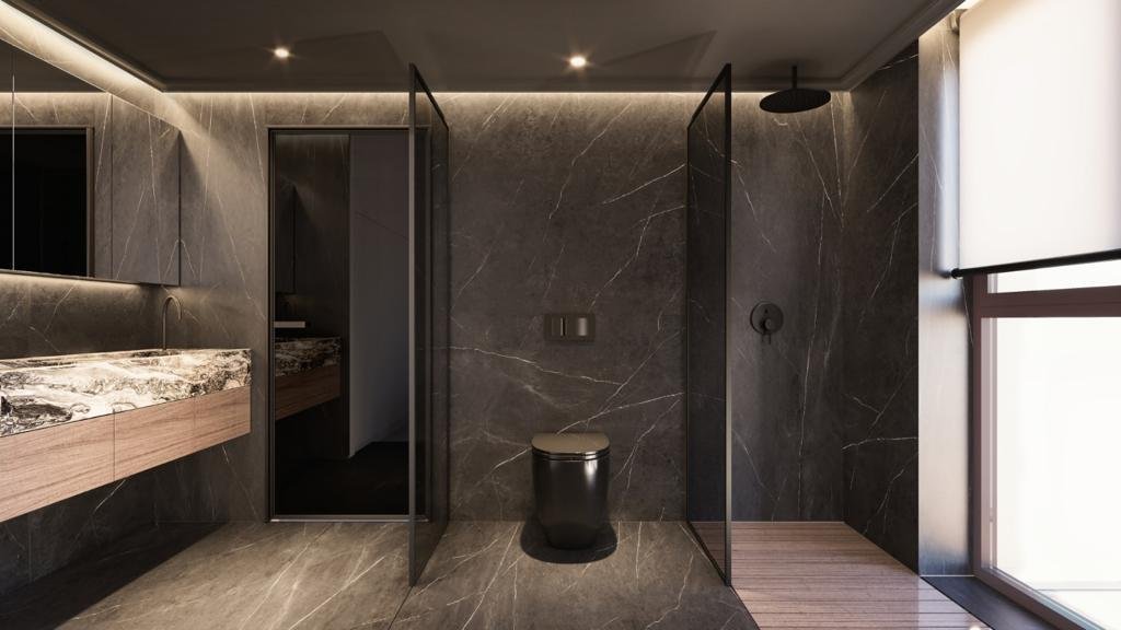 Luxuriöses Badezimmer mit ebenerdiger Dusche und integrierter Beleuchtungskonzeption Luxuriöses Badezimmer mit ebenerdiger Dusche und integrierter Beleuchtungskonzeption