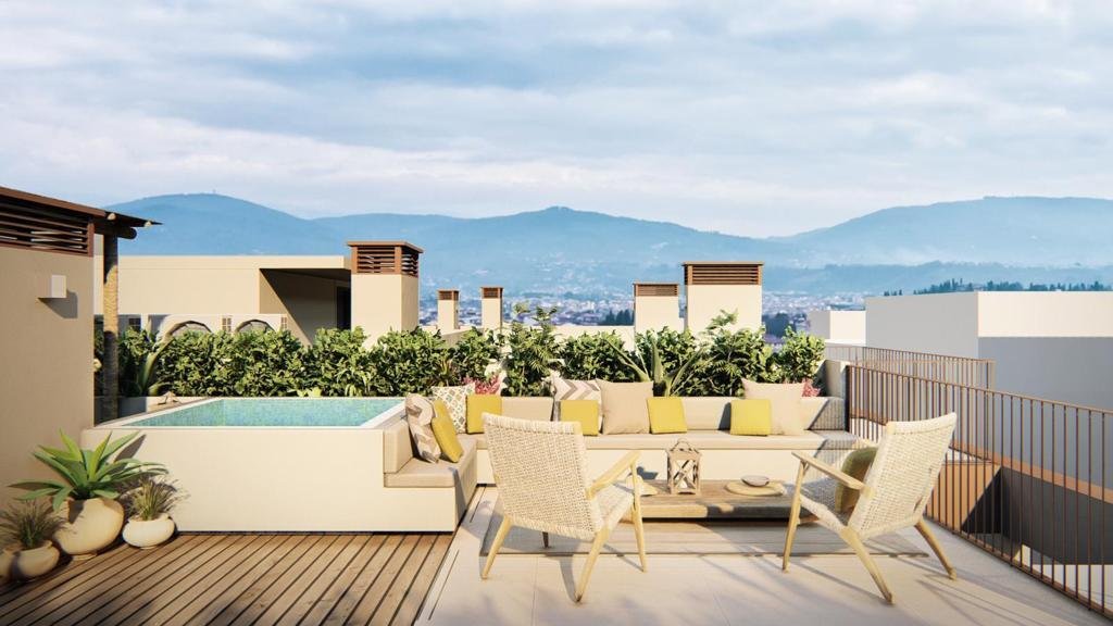 Dachterrasse mit Infinity-Pool, Lounge-Bereich und atemberaubendem Bergblick Dachterrasse mit Infinity-Pool, Lounge-Bereich und atemberaubendem Bergblick