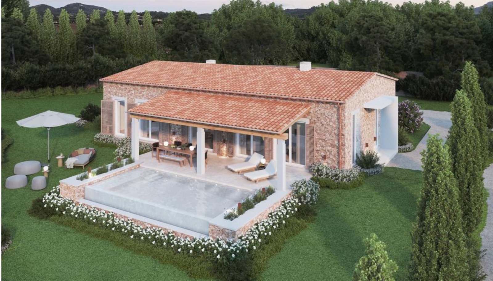Terrassenbereich mit überdachter Lounge und direktem Poolzugang Terrassenbereich mit überdachter Lounge und direktem Poolzugang