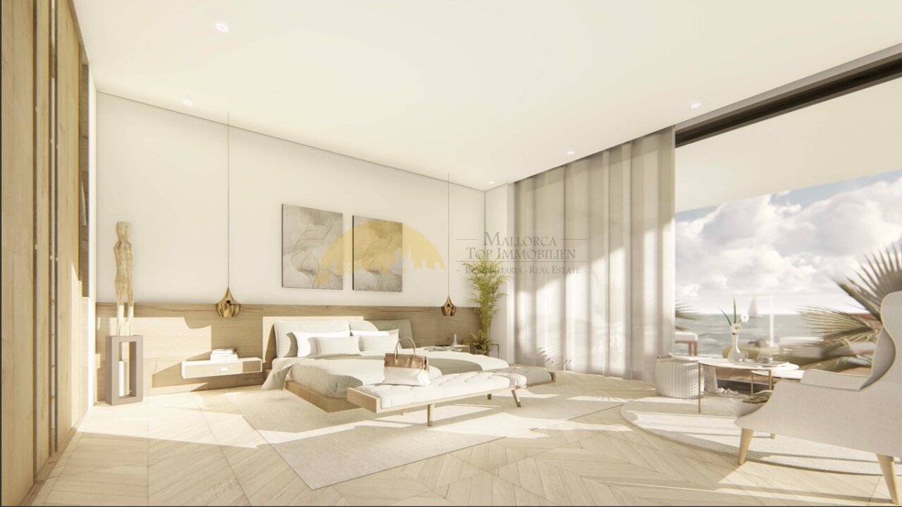 Hauptschlafzimmer mit raumhoher Verglasung, integriertem Ankleidebreich und Panoramablick