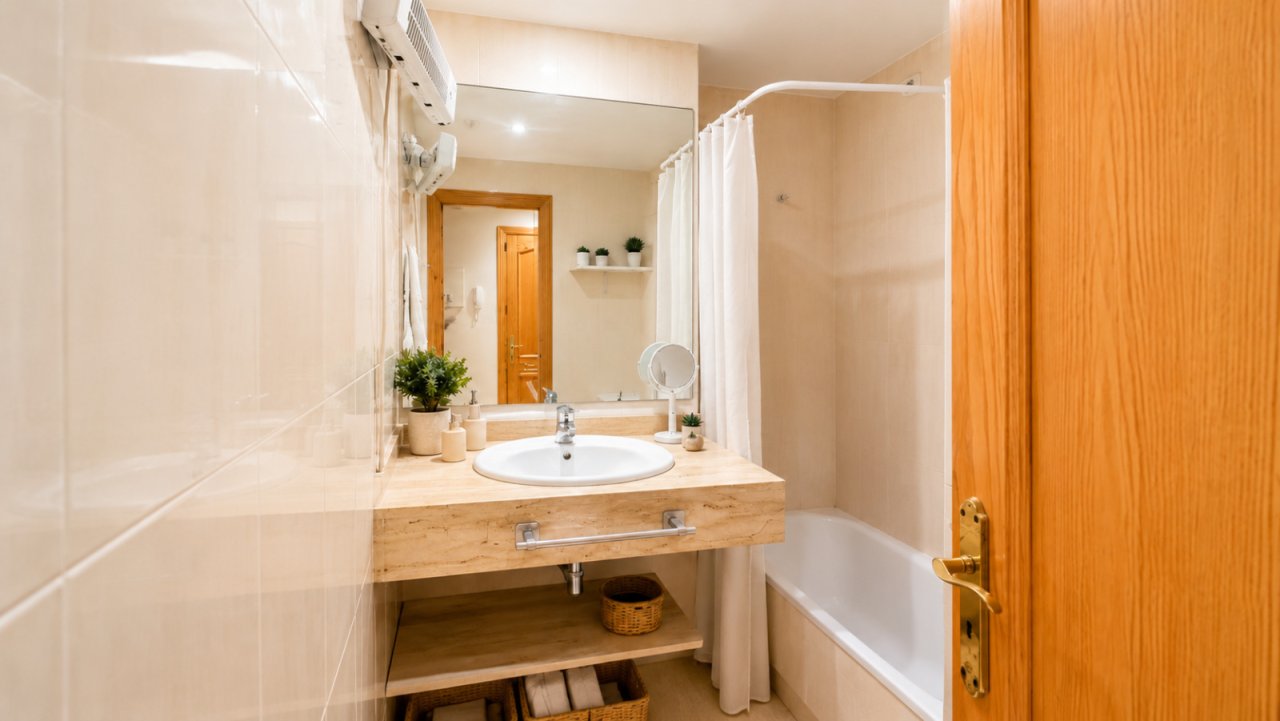 Modernes Badezimmer im Penthouse in Inca Mallorca mit Natursteinwaschtisch und Badewanne