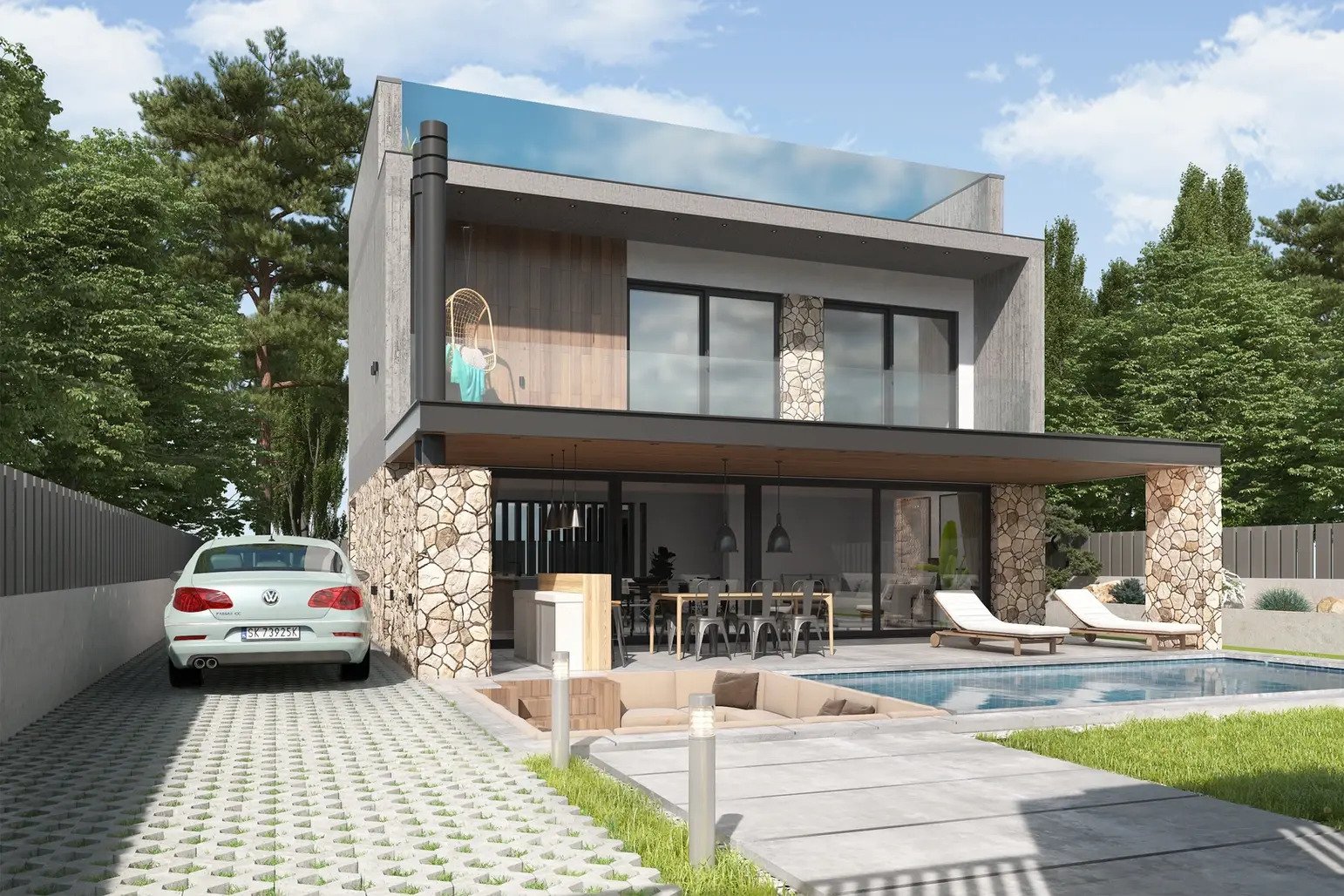 Modern architecture with an impressive pool area and well-designed outdoor space