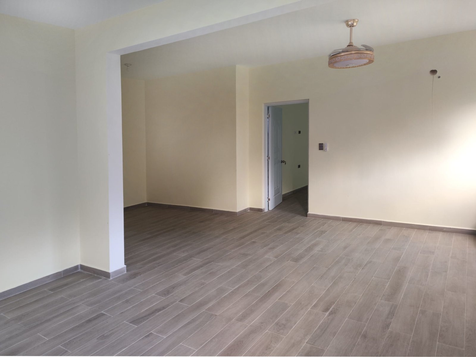 Open living and kitchen concept with intelligent space division and ceiling fan Open living and kitchen concept with intelligent space division and ceiling fan