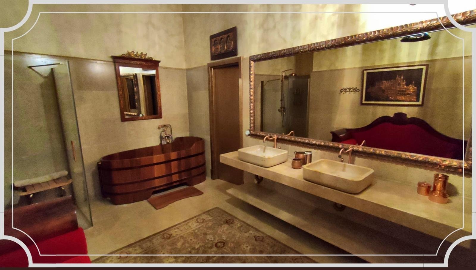 Luxurious bathroom with double vanity and walk-in shower Luxurious bathroom with double vanity and walk-in shower
