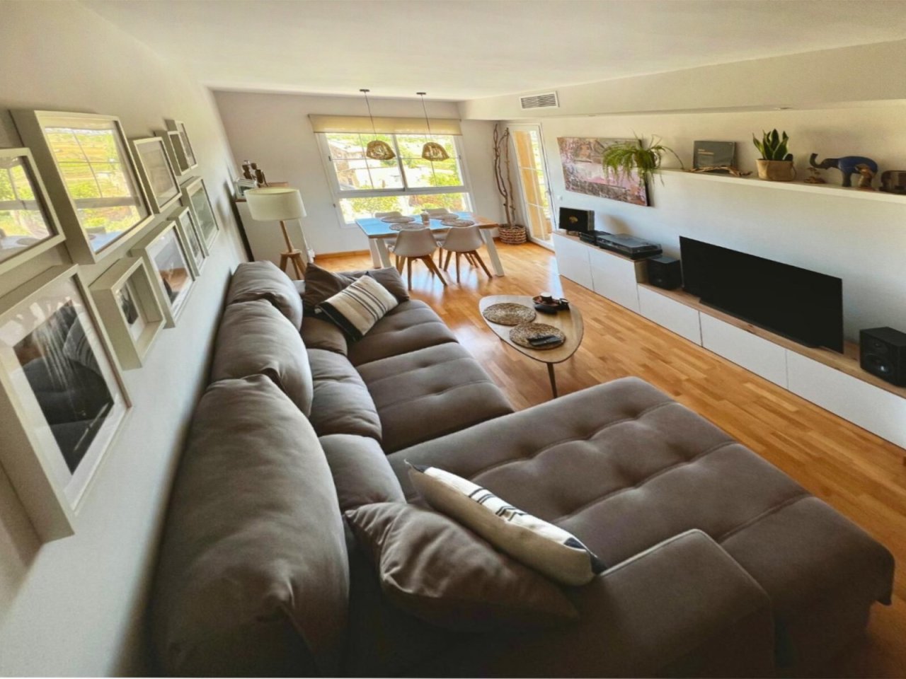 Bright living room with flowing room connections and extensive window frontage