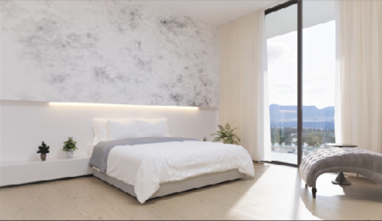 Bedroom with panoramic windows and walk-in closet Bedroom with panoramic windows and walk-in closet