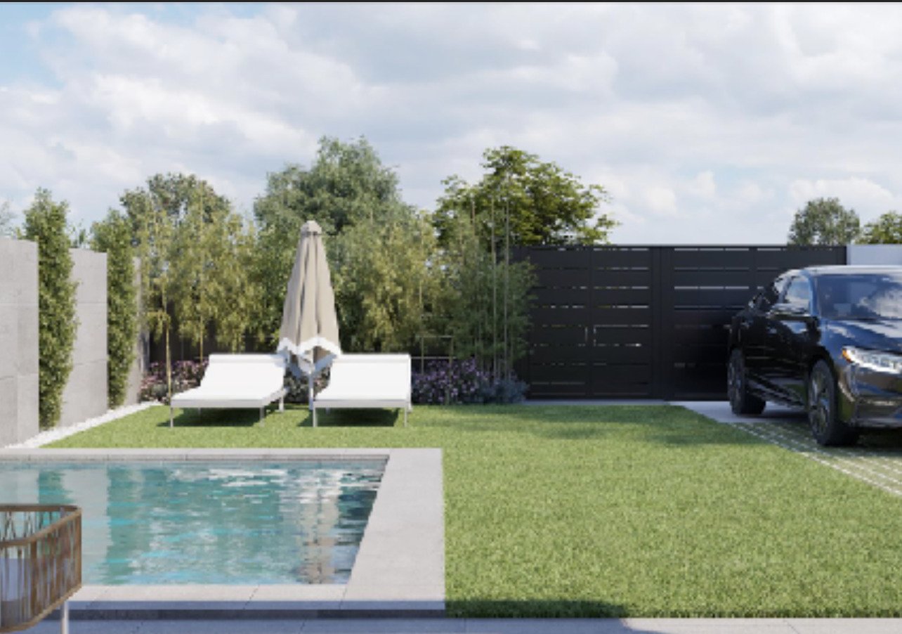 Private pool area with elegant landscaping and modern fencing Private pool area with elegant landscaping and modern fencing