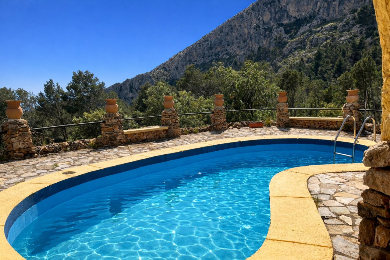 Panoramic swimming pool with spectacular mountain views and high-quality natural stone finishes
