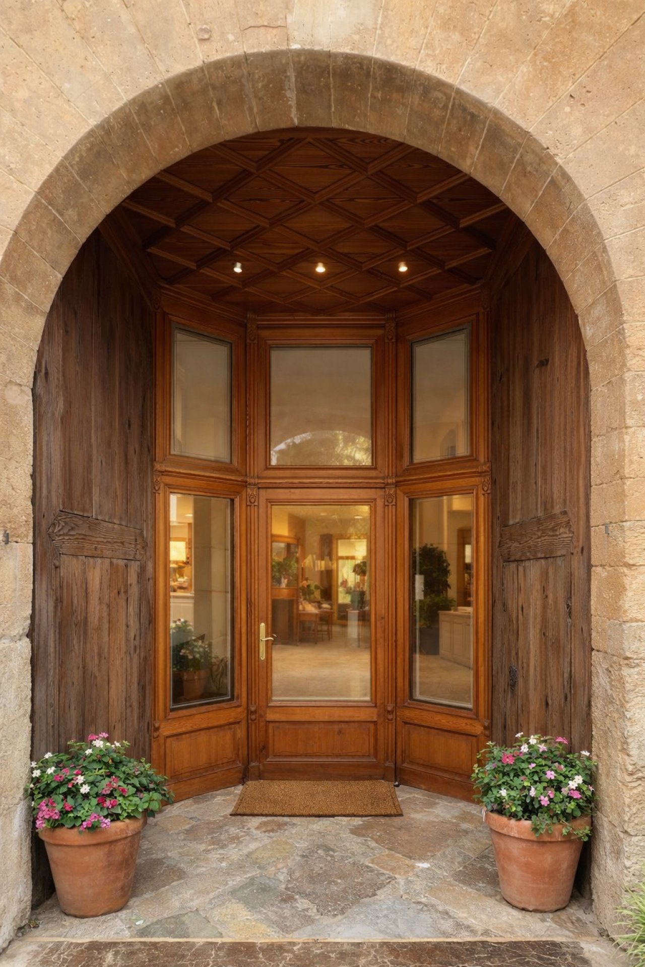 Elegant entrance area with a distinctive vaulted ceiling and high-quality wooden glazed door