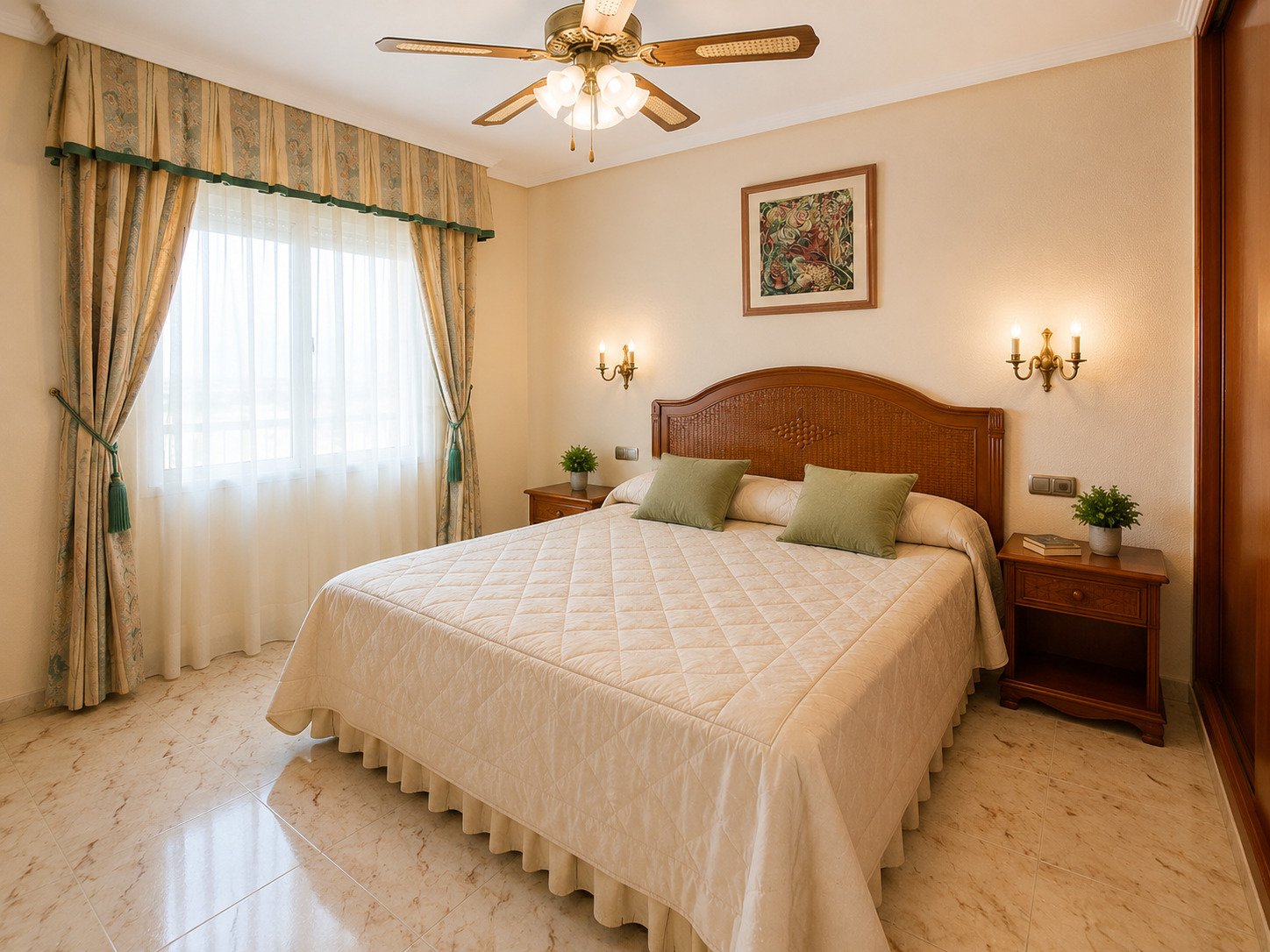 Main bedroom with elegant ceiling height and large window front.