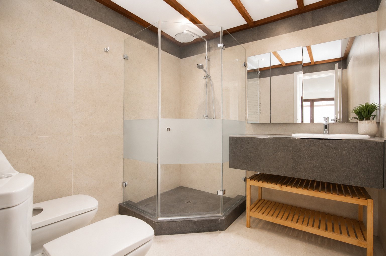 Modern bathroom with walk-in shower, double sink, and mirror cabinet under roof beams Modern bathroom with walk-in shower, double sink, and mirror cabinet under roof beams
