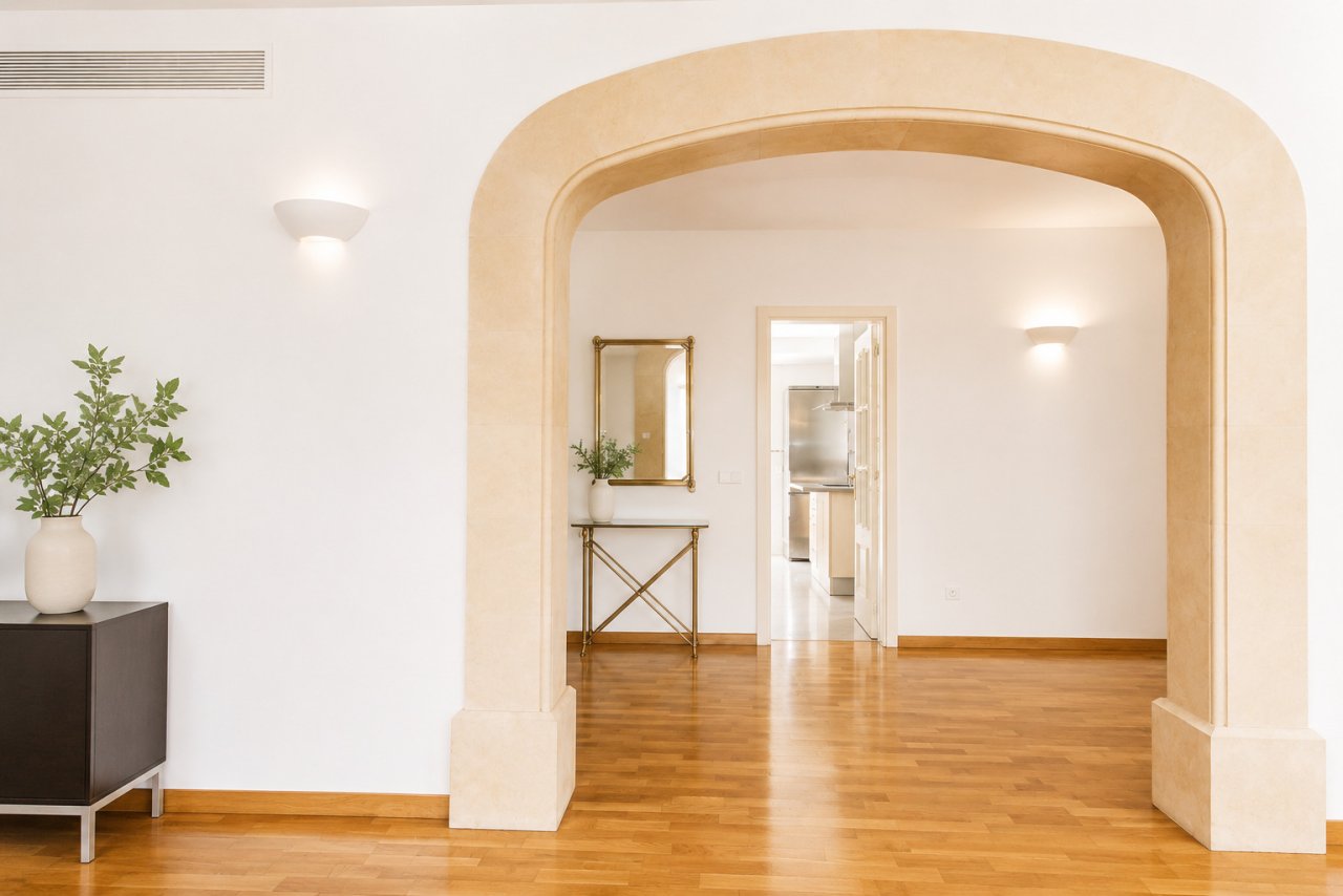 Elegant room connection with a distinctive rounded arch and high-quality parquet flooring Elegant room connection with a distinctive rounded arch and high-quality parquet flooring