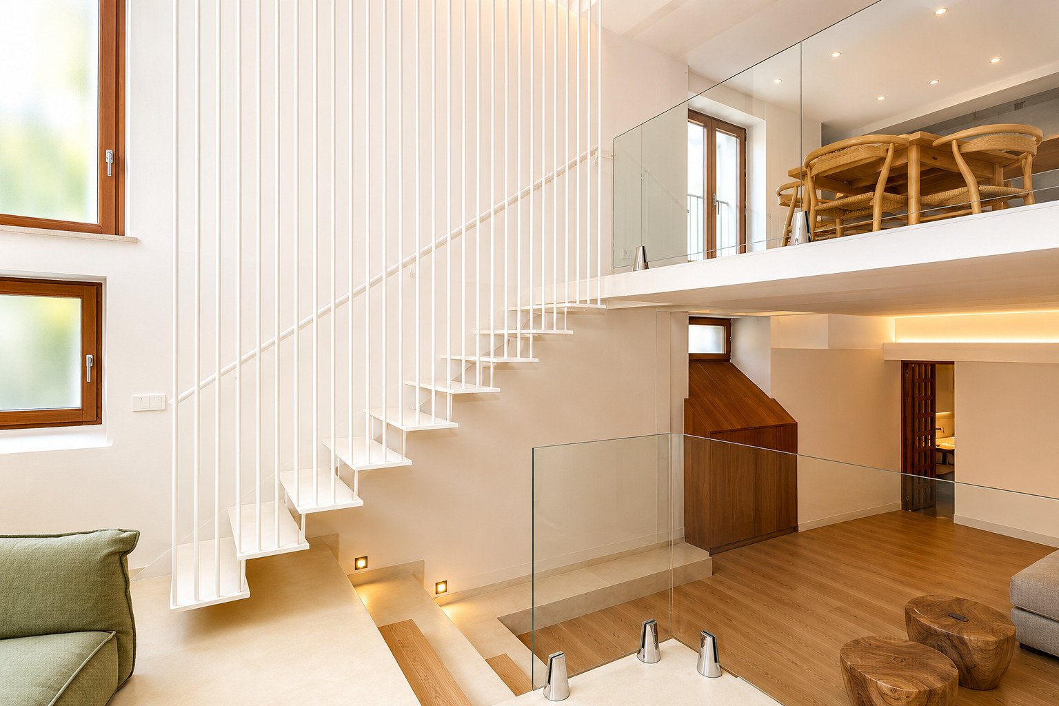 Modern staircase construction with glass railing – elegant connection between levels Modern staircase construction with glass railing – elegant connection between levels