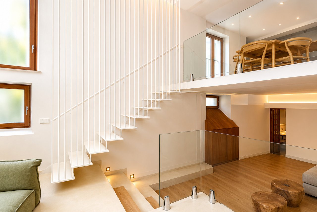 Modern staircase construction with glass railing – elegant connection between levels Modern staircase construction with glass railing – elegant connection between levels