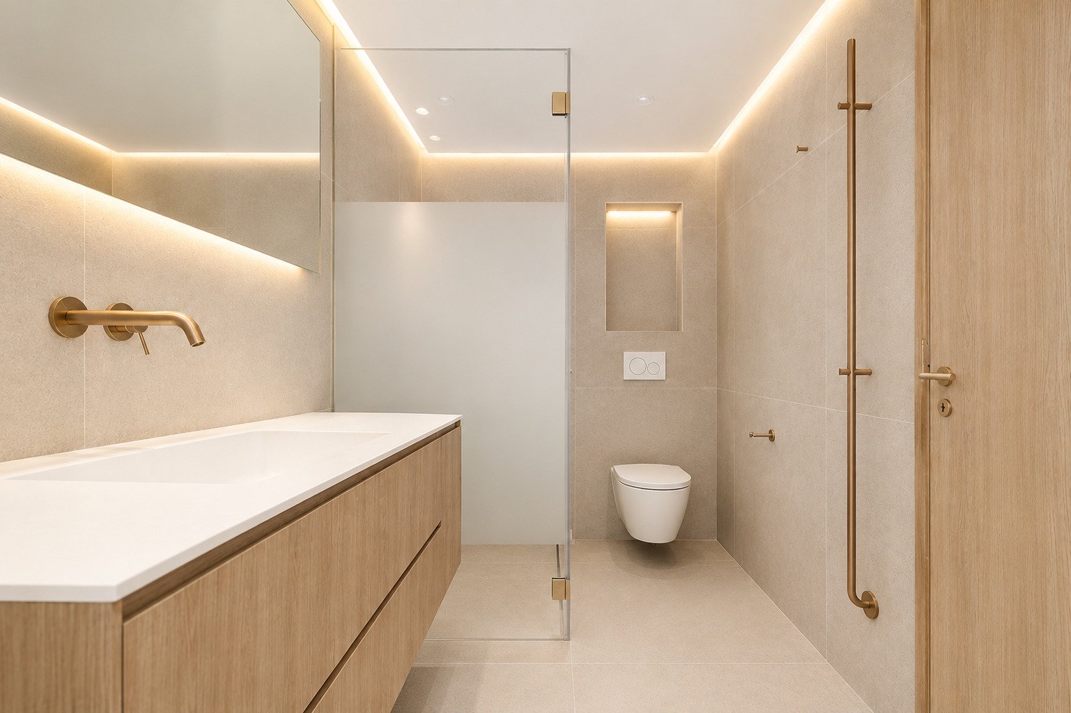 Modern bathroom with walk-in shower and indirect ceiling lighting – wellness oasis with thoughtful layout Modern bathroom with walk-in shower and indirect ceiling lighting – wellness oasis with thoughtful layout