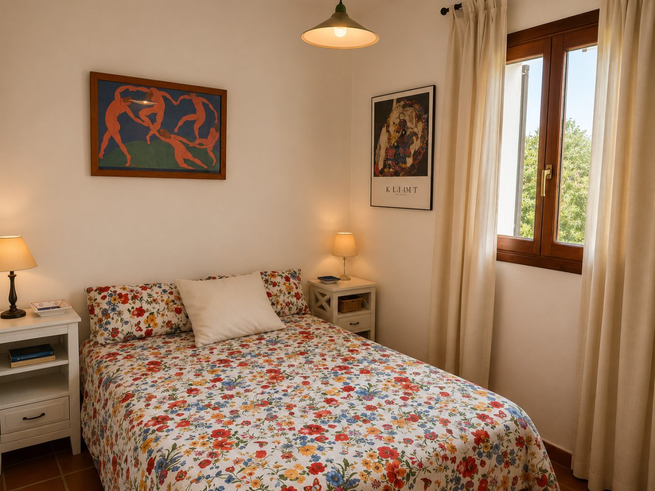 Bright bedroom with wooden windows and practical storage. Bright bedroom with wooden windows and practical storage.