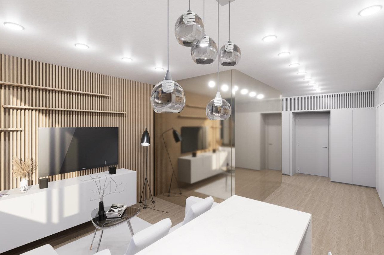 Open living area with intelligent space zoning and professional pendant lighting installation Open living area with intelligent space zoning and professional pendant lighting installation