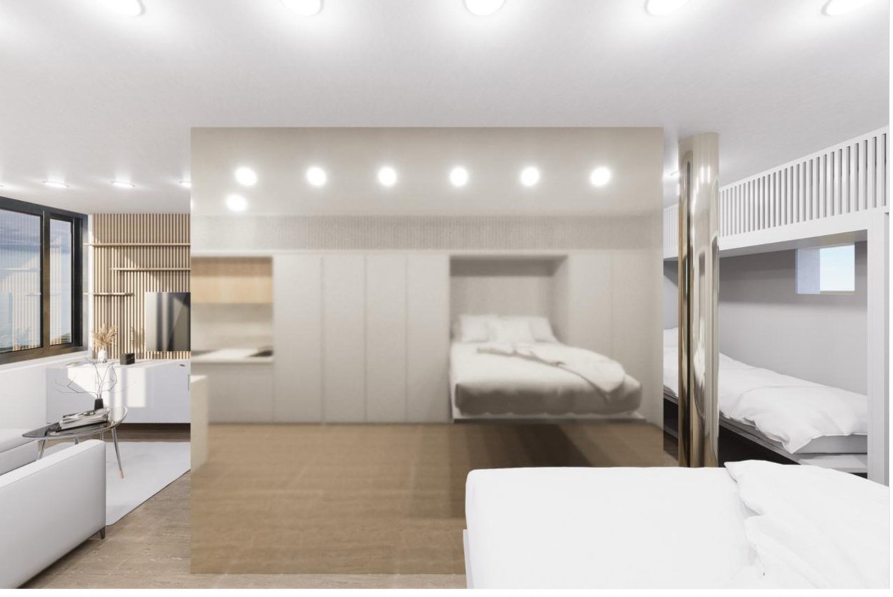 Maisonette sleeping area with floor-to-ceiling wardrobe and integrated lighting system Maisonette sleeping area with floor-to-ceiling wardrobe and integrated lighting system