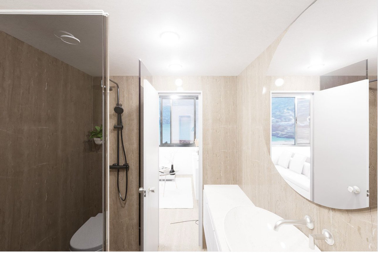 Modern bathroom with walk-in shower and high-quality fittings Modern bathroom with walk-in shower and high-quality fittings