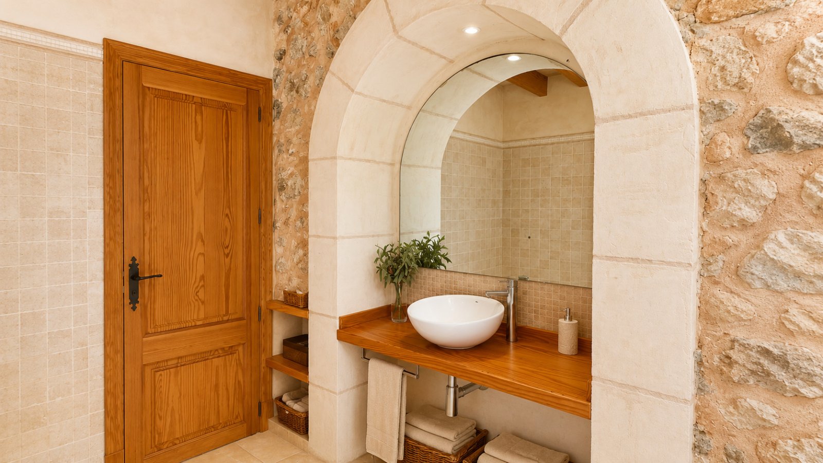 Wellness bath with a distinctive vaulted ceiling and elegant natural stone design Wellness bath with a distinctive vaulted ceiling and elegant natural stone design