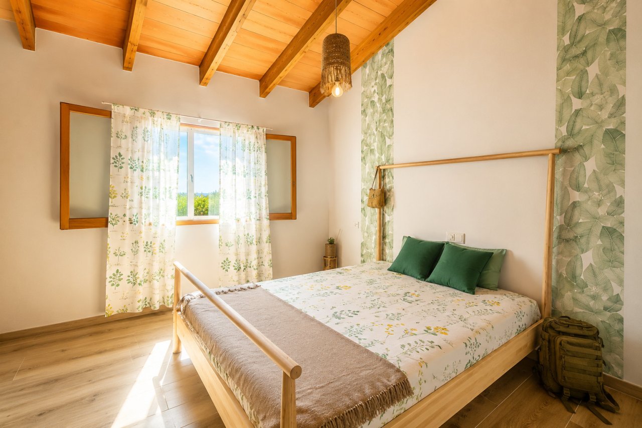 Bright bedroom with wooden beam ceiling and direct access to the terrace