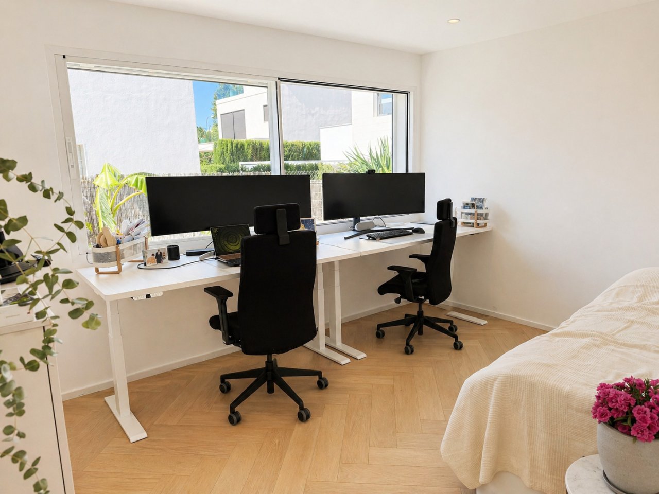 Bright home office with optimal window front and flexible workspace concept Bright home office with optimal window front and flexible workspace concept