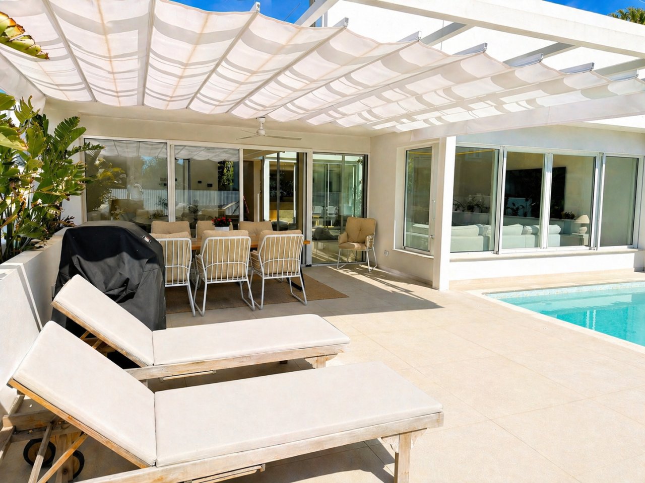 Pool area with smart zoning: lounge area under motorized pergola and direct pool access Pool area with smart zoning: lounge area under motorized pergola and direct pool access