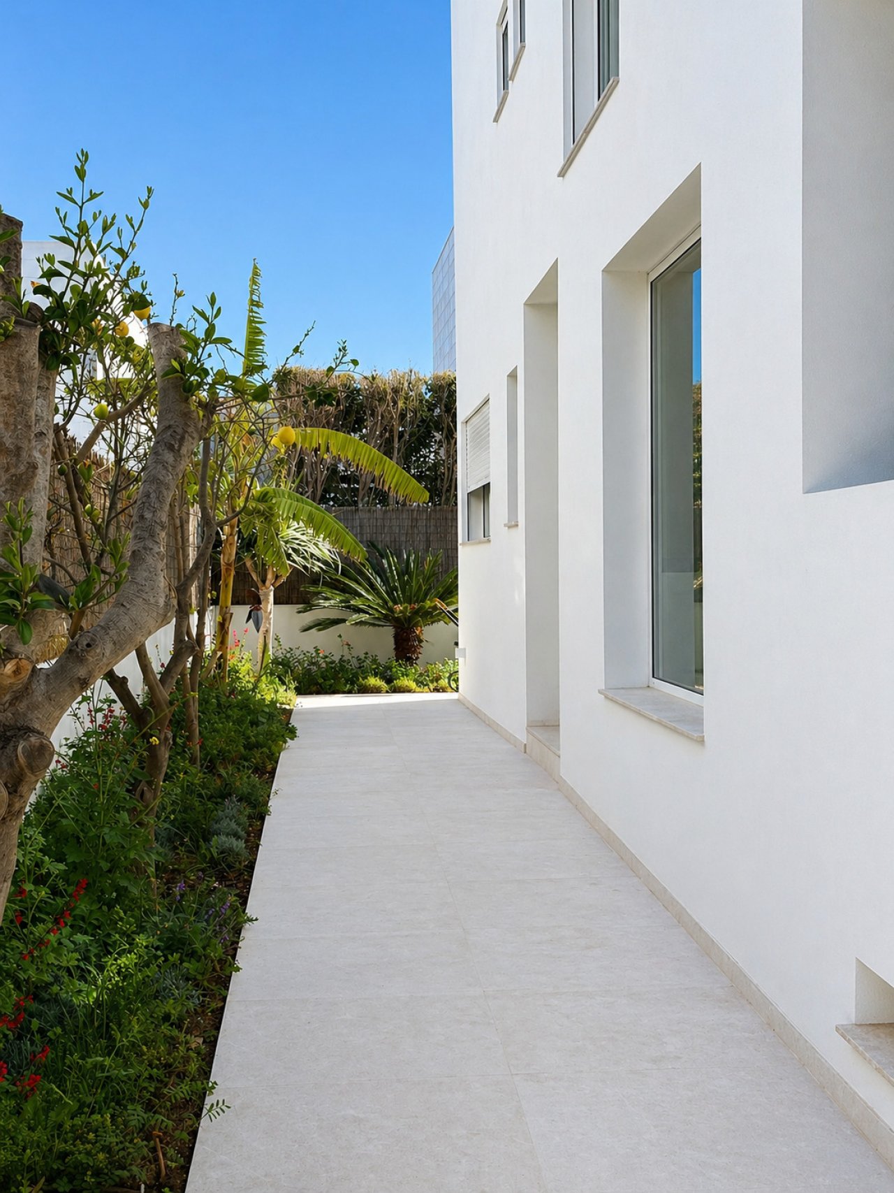 Elegant courtyard with direct access to living space and a well-designed pathway system Elegant courtyard with direct access to living space and a well-designed pathway system