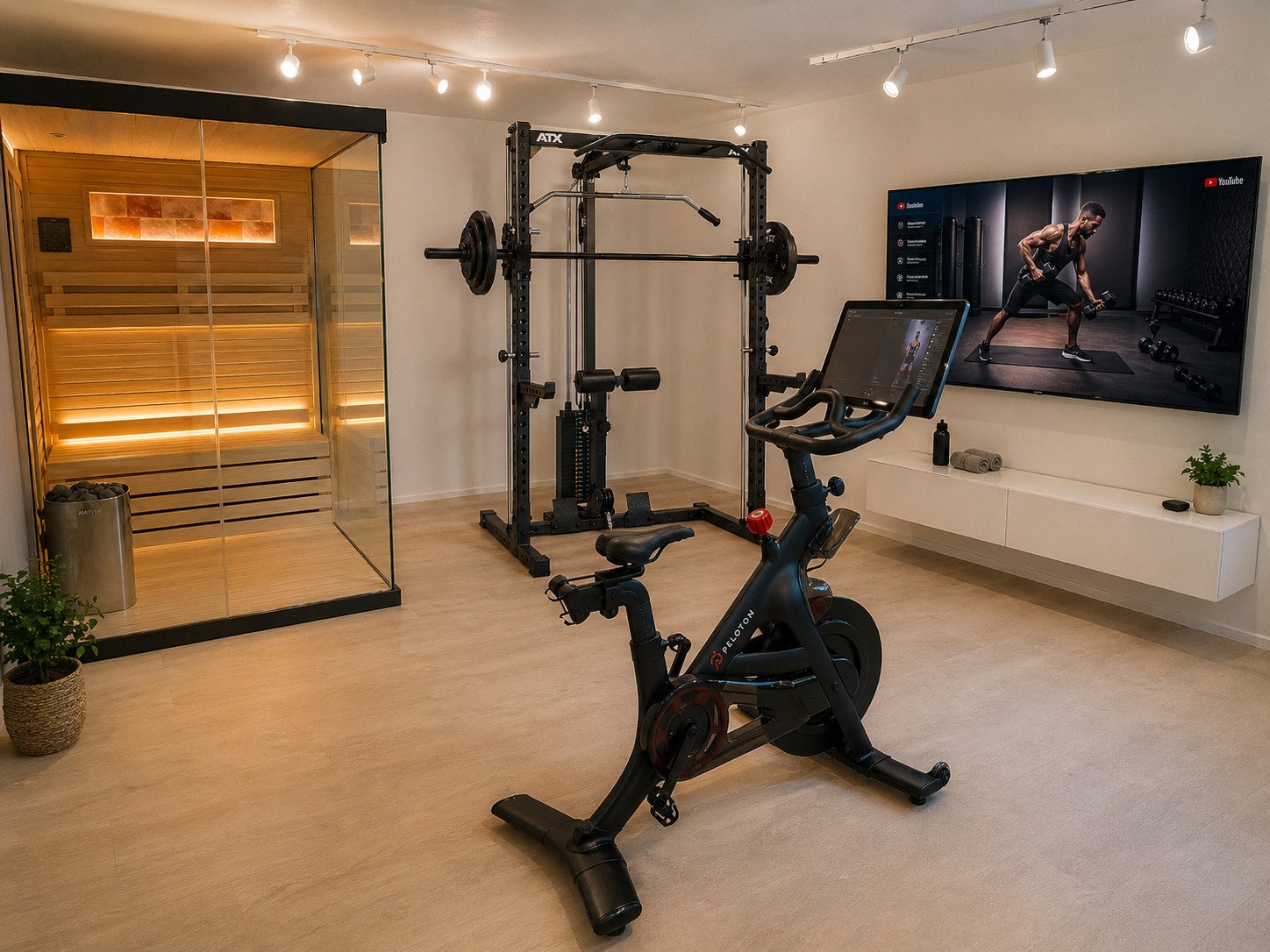 Wellness oasis with infrared sauna, training area, and integrated entertainment system Wellness oasis with infrared sauna, training area, and integrated entertainment system