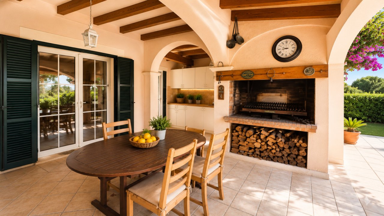 Covered lounge with built-in fireplace and direct access to the outdoor area Covered lounge with built-in fireplace and direct access to the outdoor area