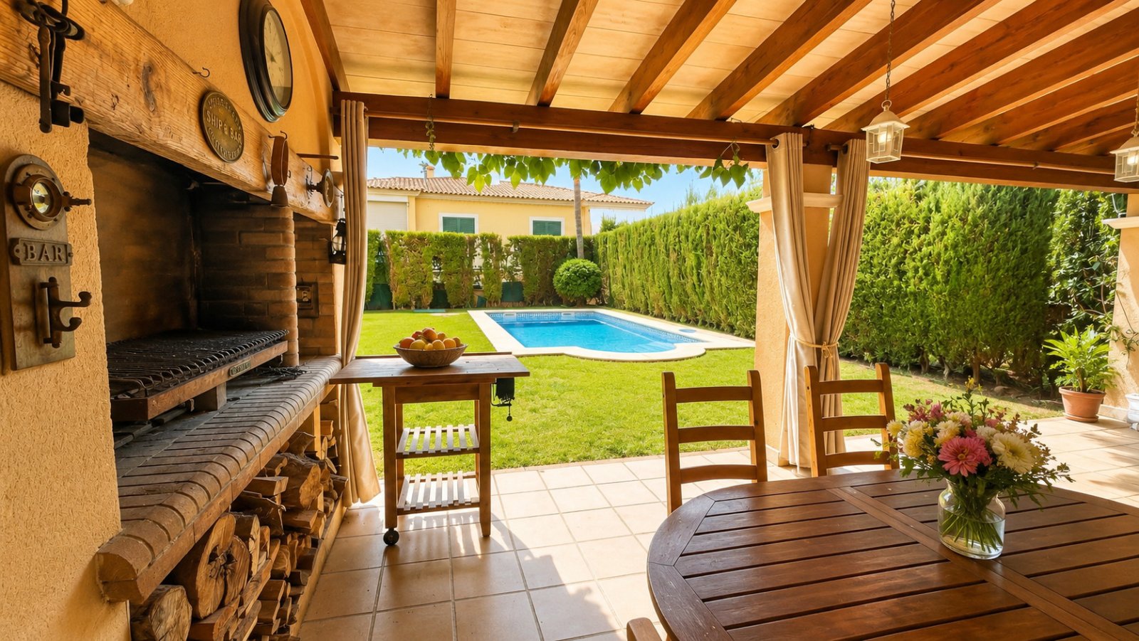 Covered outdoor kitchen with integrated fireplace and direct pool view Covered outdoor kitchen with integrated fireplace and direct pool view