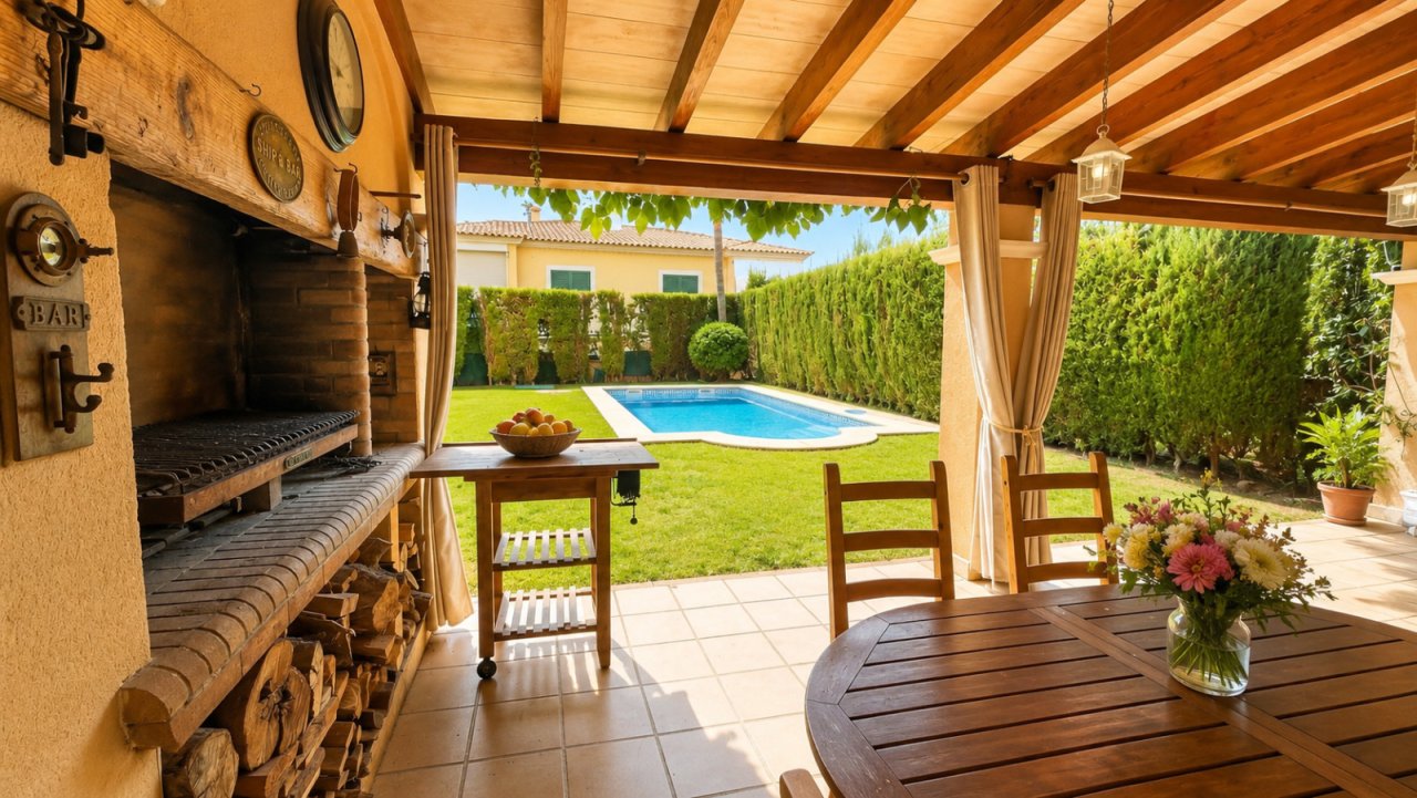 Covered outdoor kitchen with integrated fireplace and direct pool view Covered outdoor kitchen with integrated fireplace and direct pool view