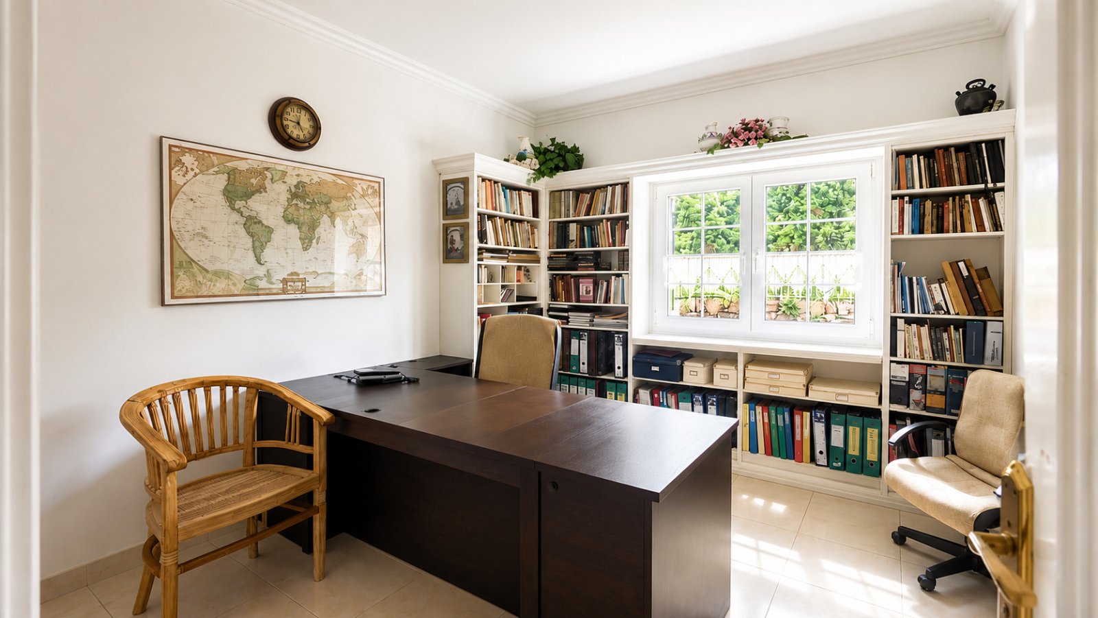 Home office with custom-built cabinets and large windows Home office with custom-built cabinets and large windows