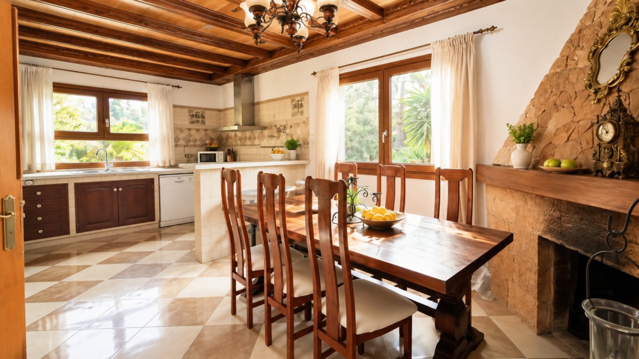 Open living kitchen with fireplace and impressive wooden beam ceilings Open living kitchen with fireplace and impressive wooden beam ceilings