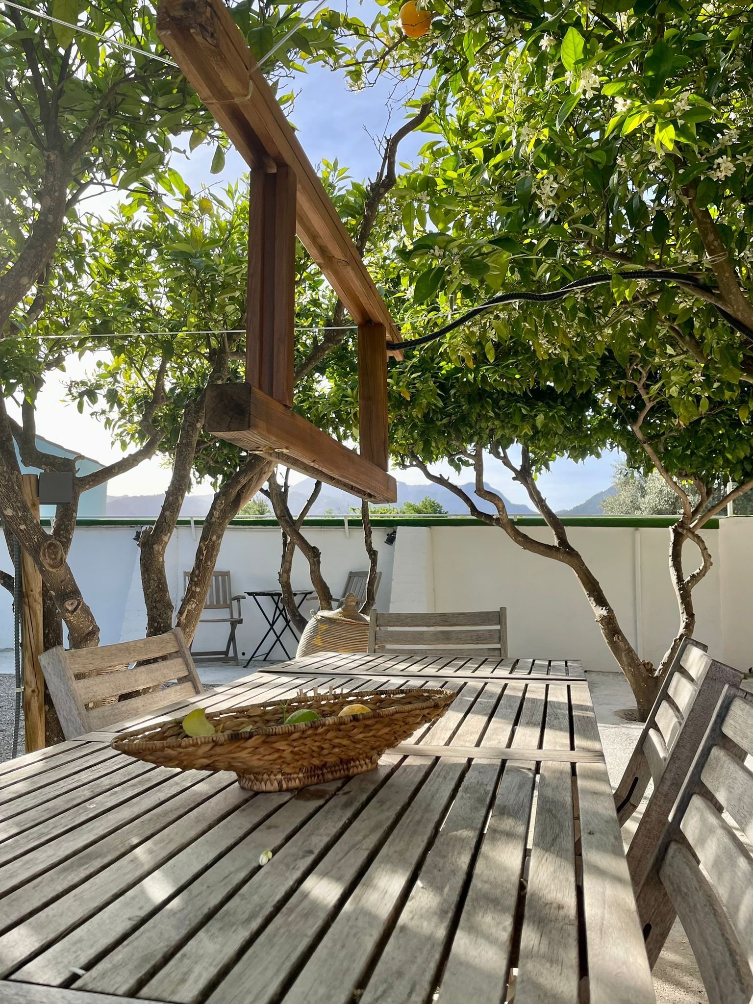 Covered pergola with solid wooden beams and natural flair – an ideal retreat under old trees Covered pergola with solid wooden beams and natural flair – an ideal retreat under old trees