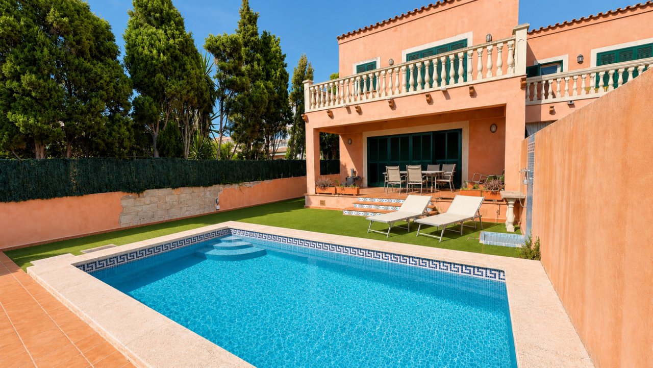 Elegant pool area with surrounding sun terrace and private garden space Elegant pool area with surrounding sun terrace and private garden space