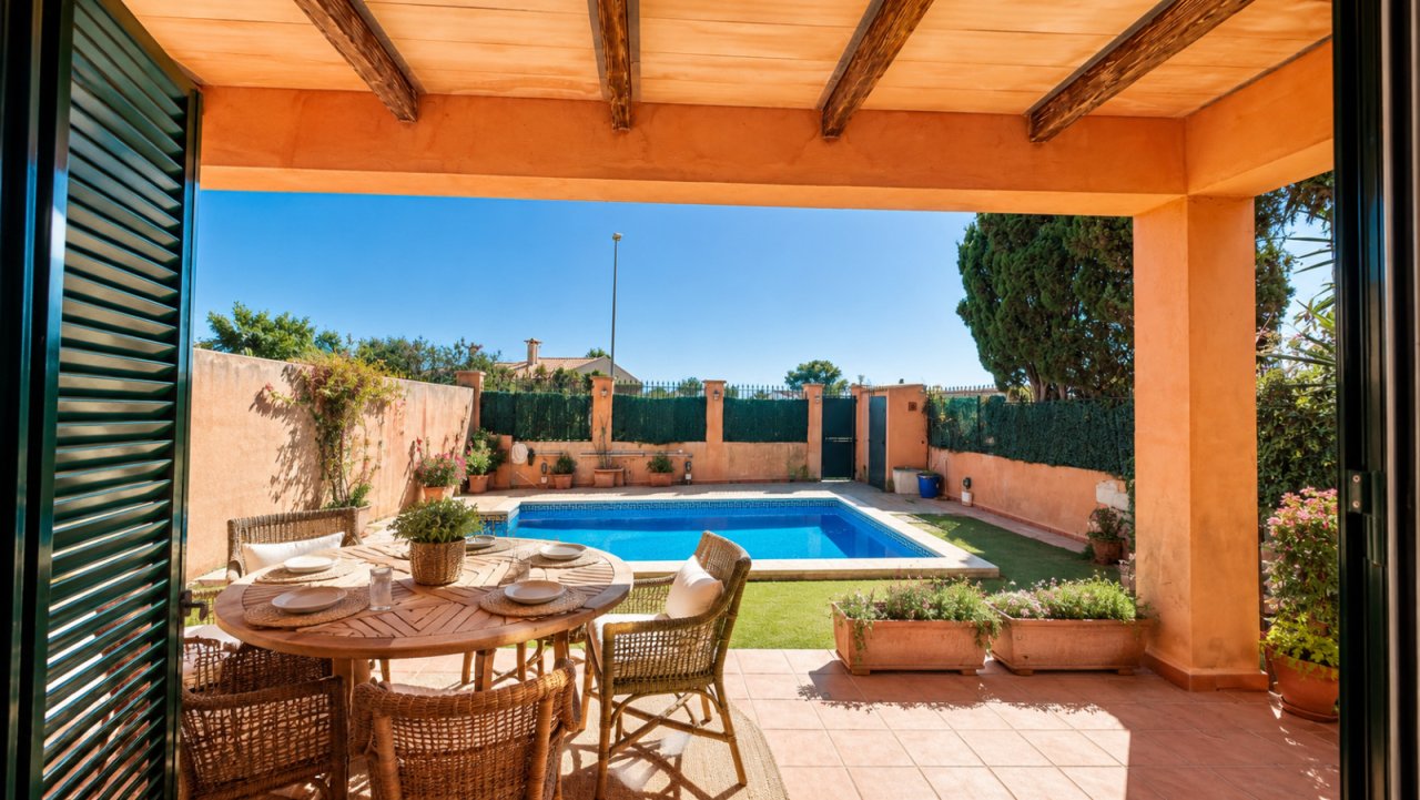 Covered terrace with direct pool access and surrounding garden area Covered terrace with direct pool access and surrounding garden area