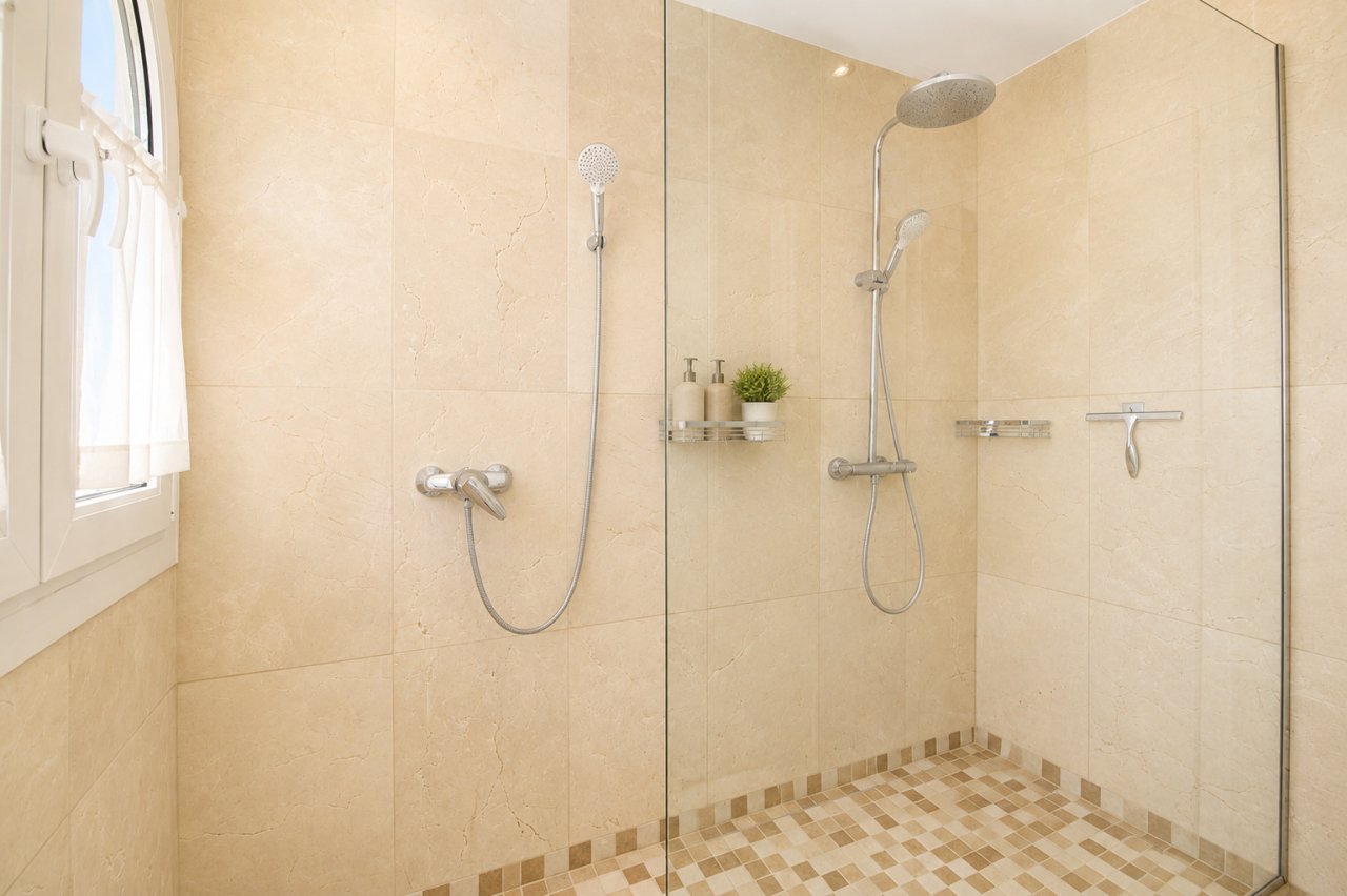 Walk-in shower with rain showerhead and level floor design