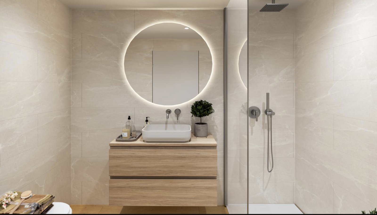 Luxurious bathroom with walk-in shower and high-quality sanitary fittings