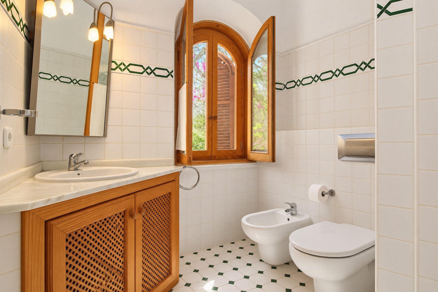 Elegant bathroom with wooden washbasin, bidet, and large window front Elegant bathroom with wooden washbasin, bidet, and large window front