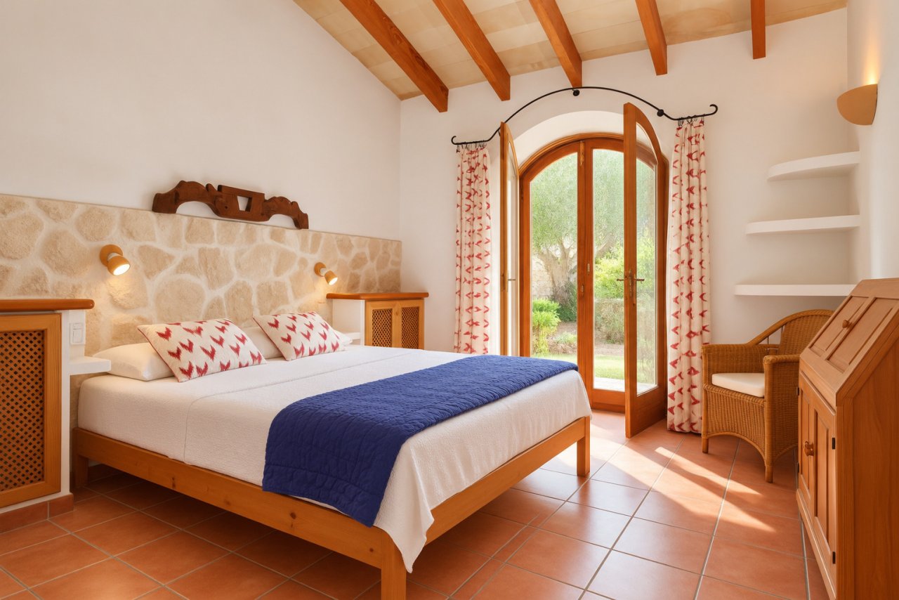 Bedroom with natural stone accent, wooden beam ceiling, and French glass doors to the outdoor area Bedroom with natural stone accent, wooden beam ceiling, and French glass doors to the outdoor area