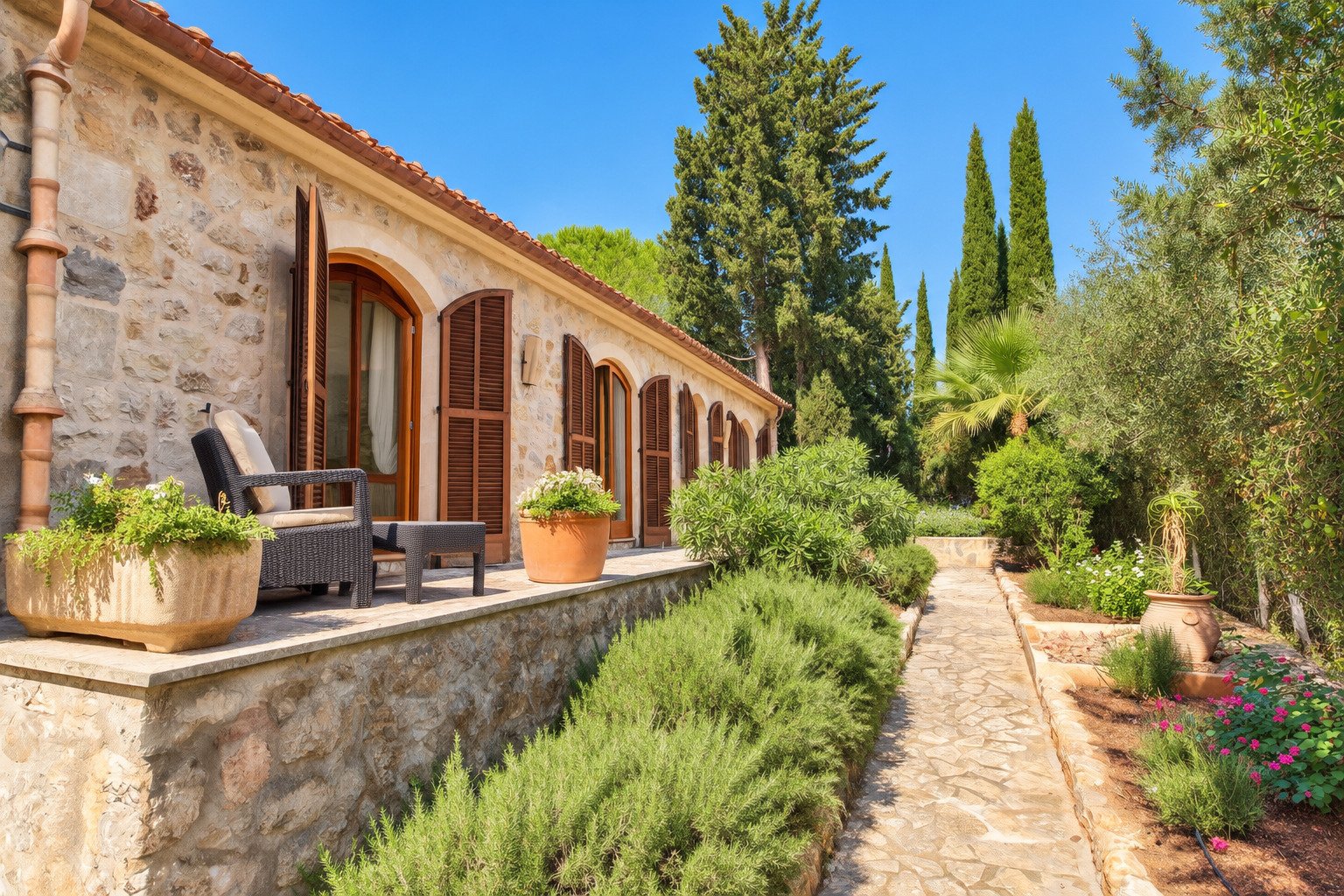 Terrace front with rounded arch openings and direct garden access Terrace front with rounded arch openings and direct garden access