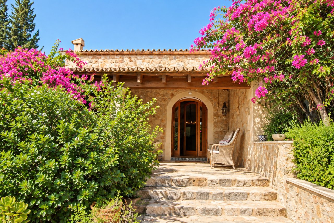 Rustic entrance facade with a distinctive rounded archway and natural stone texture Rustic entrance facade with a distinctive rounded archway and natural stone texture