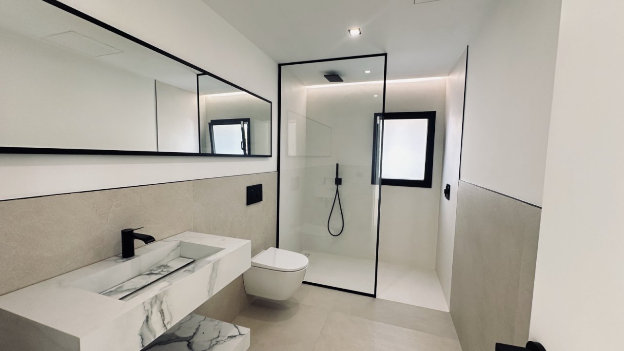 Modern bathroom with walk-in shower and large mirror cabinet Modern bathroom with walk-in shower and large mirror cabinet