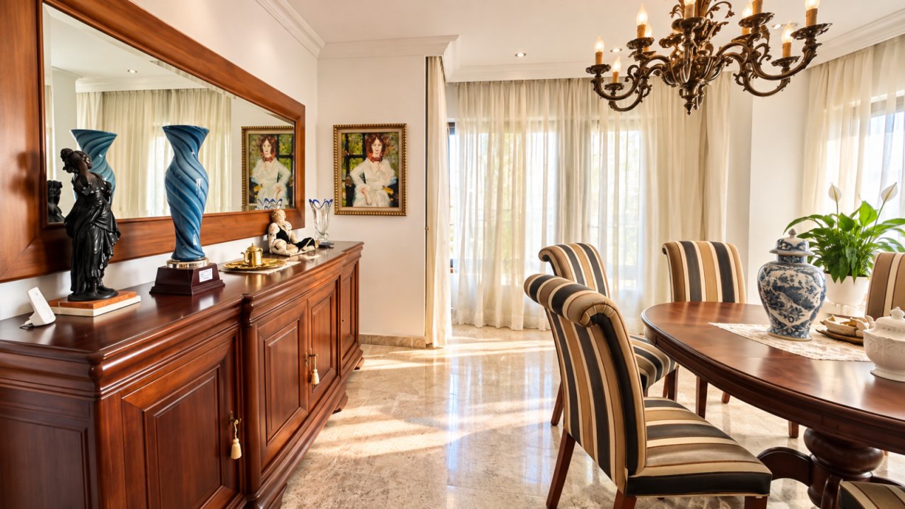 Representative dining area with natural stone flooring and large terrace access