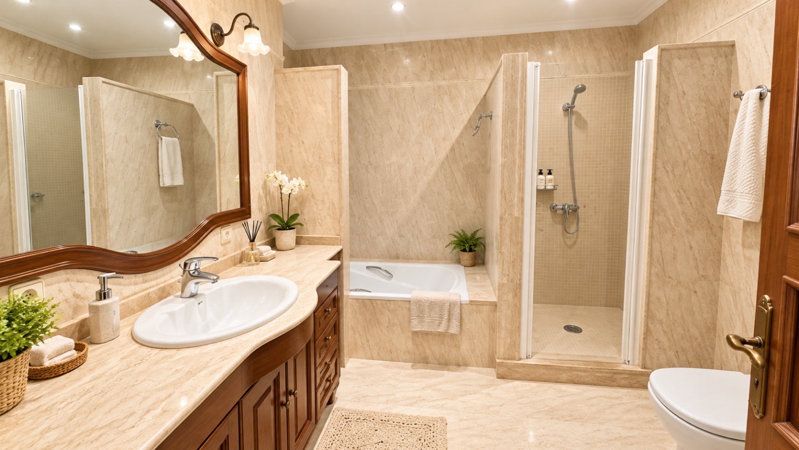 Luxury bathroom with separate bathtub and walk-in shower