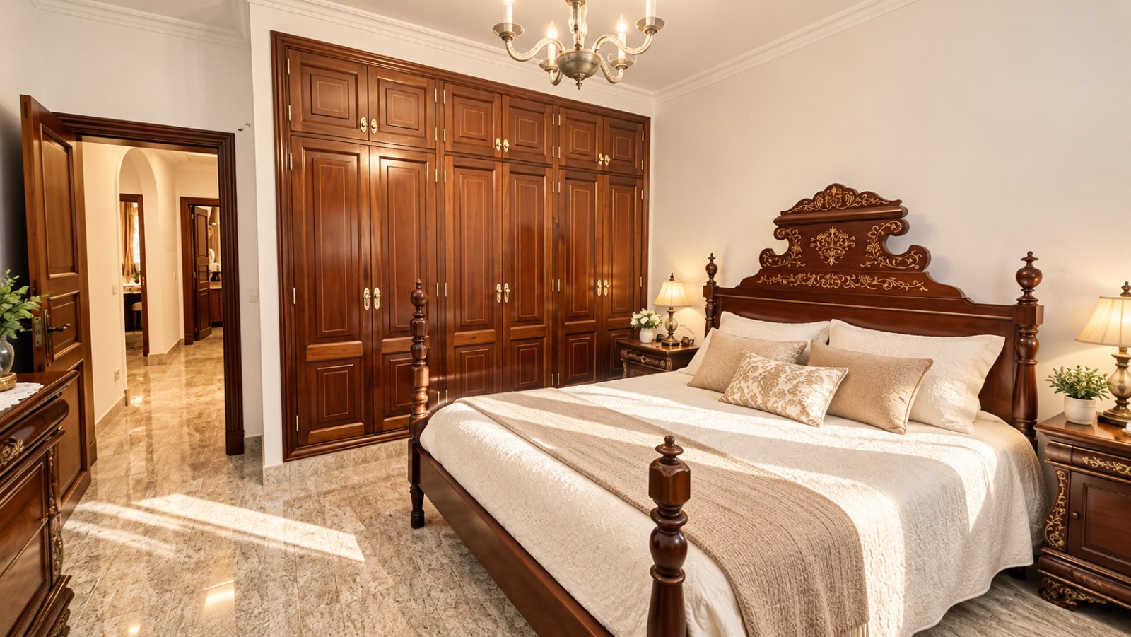 Luxurious master bedroom with walk-in closet and extensive wardrobe system